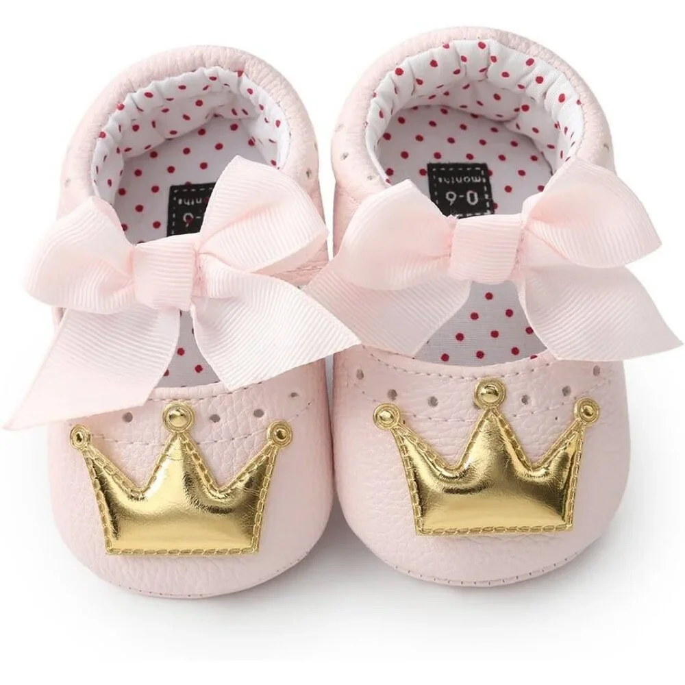 Infant Pink Gold Polyurethane Baby Girls Handmade Princess Flats First Walkers